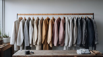 Minimalist rack with neutral toned autumn coats, sweaters and jackets hanging indoors, symbolizing fall fashion, timeless style, and seasonal wardrobe essentials for colder months.