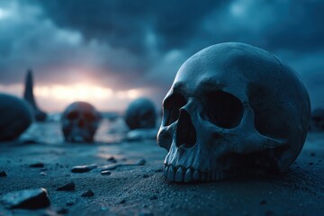 A haunting landscape of human skulls under a stormy sky, evoking themes of decay and eeriness, ideal for horror or gothic-themed projects.