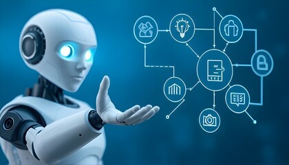 A futuristic humanoid robot with glowing blue eyes presenting a holographic interface with icons representing artificial intelligence concepts and data processing.