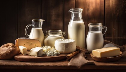 Fresh Dairy Products Arranged On A Wooden Surface Highlighting Rustic Charm With Soft Overhead Lighting