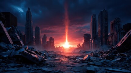 Dramatic post-apocalyptic cityscape at sunset with fiery explosion, ideal for sci-fi and disaster concepts.