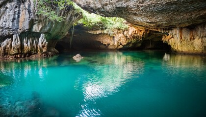 A Serene Cave With Turquoise Water Reflecting Rock Formations