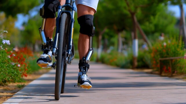 Person cycling with a prosthetic leg, riding a bicycle on a park path, embracing active lifestyle and rehabilitation