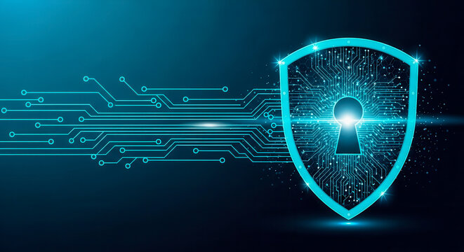Cybersicherheit: digitales Schild mit Schl&uuml;sselloch und Leiterbahnen als Konzept f&uuml;r Datenschutz und Netzwerksicherheit