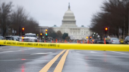 U.S. Capitol building seen beyond yellow police tape blocking access on wet city street implying crime scene or security alert