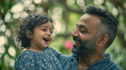 Fototapeta premium Loving father holding smiling daughter, expressing joy and happiness together in outdoor family moment