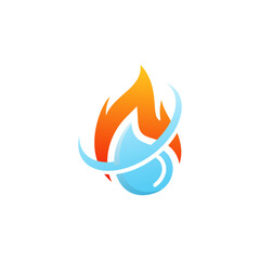Abstract logo design featuring a vibrant orange flame intertwined with a blue water drop and a swirling arc, symbolizing balance and opposing elements.