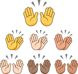 Obraz premium High five emoji hands in diverse skin tones, flat vector illustration, celebratory gesture icon, inclusive design, cartoon style, motion lines