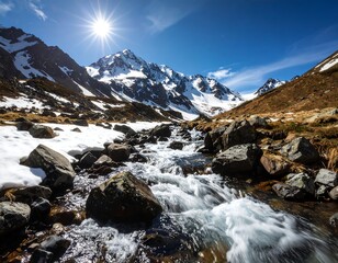 Mountain stream flowing through snow-covered valley on a sunny day