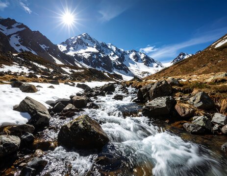 Mountain stream flowing through snow-covered valley on a sunny day - Powered by Adobe