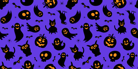 Seamless Halloween pattern with ghosts, pumpkins and bats on a purple background for holiday decor