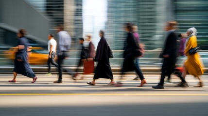 Pedestrians walking fast on a city street, motion blur showing urban people commuting in a busy rush