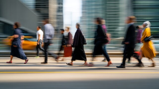 Pedestrians walking fast on a city street, motion blur showing urban people commuting in a busy rush