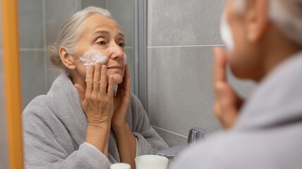 Senior woman applying anti aging face foam and looking at reflection in bathroom mirror, enjoying skincare routine