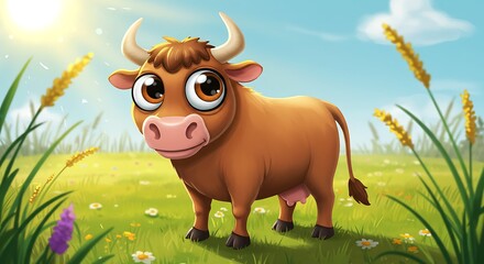 Cartoon cow grazing in a sunny field with green grass and vegetation