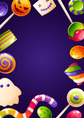A rectangular Halloween candy frame on a dark background. A wreath of lollipops and sweets in the shape of worms, pumpkins, and skulls. The template is perfect for party invitations or greeting cards