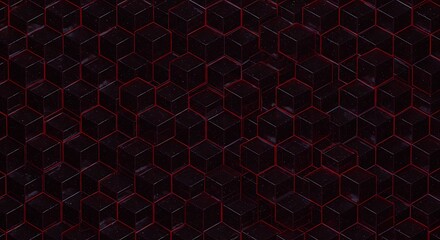 A Dark and Complex Seamless Pattern Composed of Interlocking Hexagonal Cells with Subtle Red Outlines and a Sense of Depth