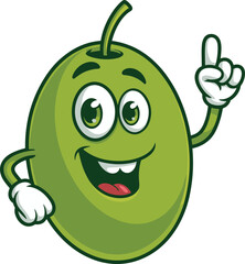 Smiling cartoon olive character with raised finger, cheerful fruit mascot for food education, healthy eating concept, flat vector illustration