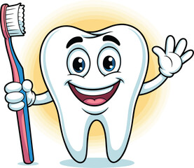 Smiling cartoon tooth character with toothbrush, dental hygiene mascot for kids, cheerful oral care concept, flat vector illustration for education