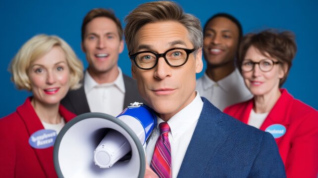 Political leader with megaphone addressing diverse team, spreading message for election campaign - Powered by Adobe