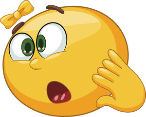 Surprised emoji face with bow, cartoon character showing shock and attention gesture, expressive emotion icon, flat vector illustration