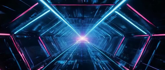 High-Speed Flight Through a Neon Digital Data Tunnel Loop. Neon grids, glowing lines, and data particles create a futuristic and energetic background for VR, metaverse, and technology projects. - Powered by Adobe
