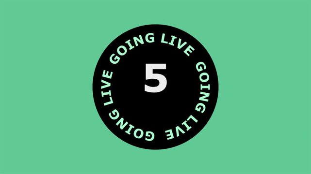 A bold on-screen countdown timer animation for live video broadcasts. Bright mint green background.