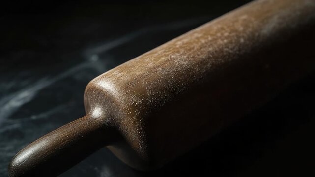 A wooden rolling pin resting on a table, ready for use in baking or cooking