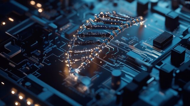 DNA helix on a circuit board, illuminated with glowing lights