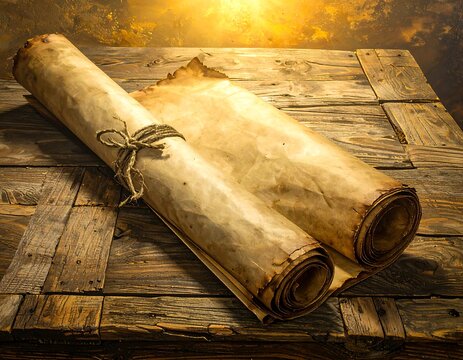 Aged scrolls on wooden table