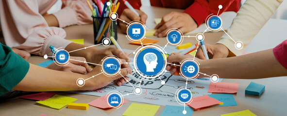 Dynamic collaborative session showcasing a diverse team engaged in brainstorming artificial intelligence concepts, utilizing colorful tools and vibrant notes to enhance creativity. Amity