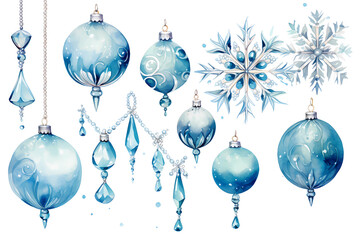 Watercolour illustration of a collection of christmas baubles and decorations isolated background clip art. 