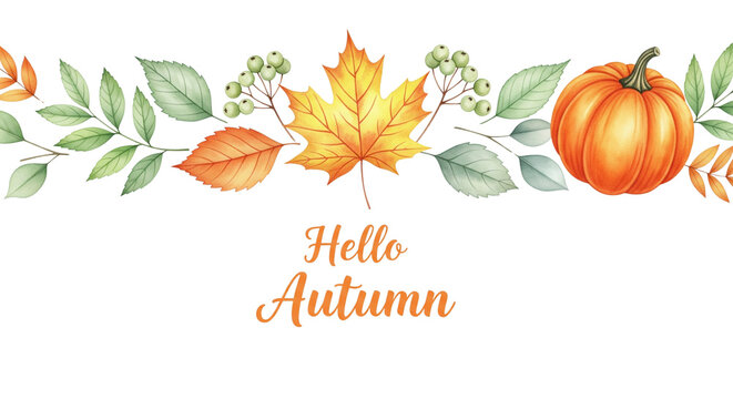 Autumn-themed watercolor border design: decorated with pumpkins, maple leaves, mulberries, and greenery. “Hello Autumn” written at the bottom.