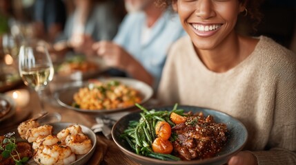 Smiling woman enjoying a gourmet meal at a dinner gathering.