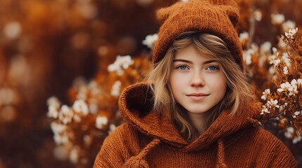Young Caucasian woman in a cozy orange sweater and hat outdoors.