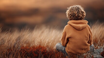 Young boy with curly hair, gazing at a serene landscape in autumn.