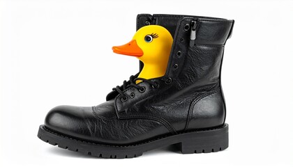 Rubber duck inside black combat boot, playful defiance and rugged absurdity.