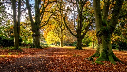 Autumnal park path lined with colorful trees