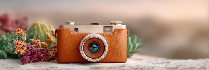 Stylish vintage camera with leather case surrounded by succulents.