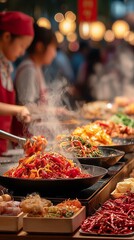 A female chef prepares vibrant, spicy stir-fried dishes in a market.