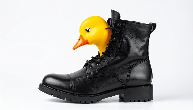 Rubber duck inside black combat boot, playful defiance and rugged absurdity.