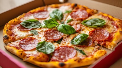 Pizza with pepperoni and basil in a cardboard box
