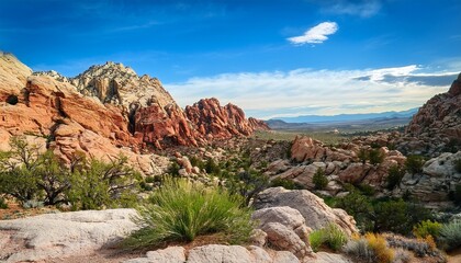 Obraz premium Textured Landscape Of Rugged Rocks And Lush Greenery In Red Rock Canyon Nevada
