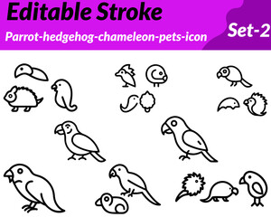 Parrot hedgehog and chameleon pets icon. character set designed in a cute minimal vector style. showcasing the diversity of exotic small animals. The parrot represents colorful tropical companionship.