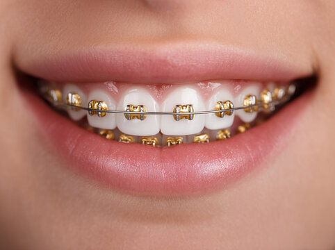 Bright smile with gold braces showcased in close-up during dental appointment in bright office setting Generative AI