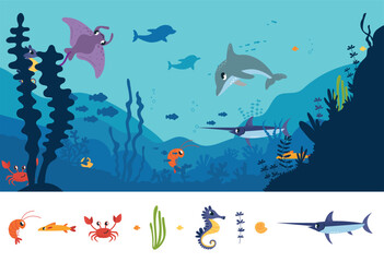 Find elements on underwater location. Children educational game for mindfulness training. Searching sea animals on picture, cartoon ocean vector background