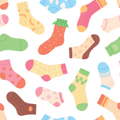 Socks seamless pattern. Children socks with ornament and decor. Cotton accessories for foot, warm outfit details. Stylish print racy vector background