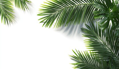 Naklejka premium Tropical foliage frame against a white background. Fresh green palm and other tropical leaves create a border, casting shadows