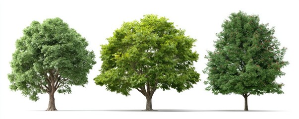 Three full trees, varying shades of green, isolated on white background