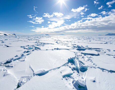 Wide shot of fractured ice floes under a vibrant blue sky